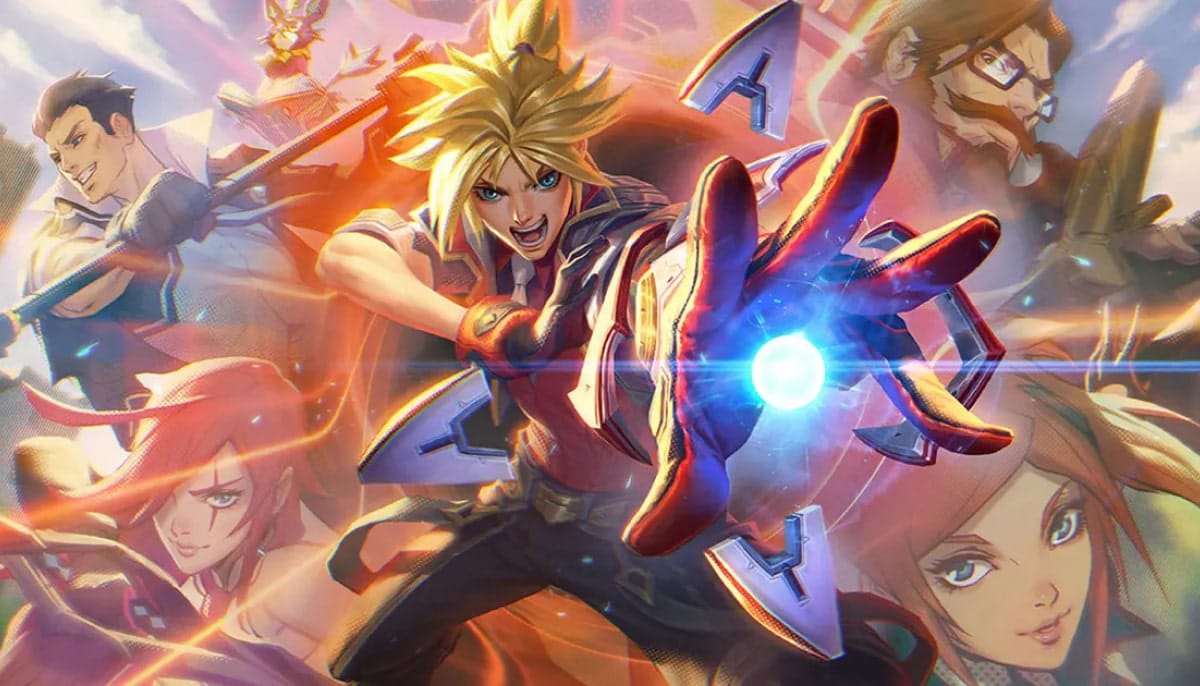 A dynamic anime-style illustration featuring a central character with spiky blonde hair, reaching out energetically with glowing blue energy