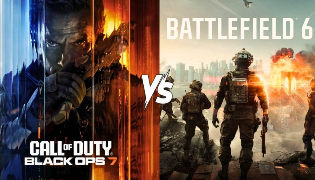 Image displays a dramatic face-off between "Call of Duty: Black Ops 7" and "Battlefield 6," showcasing iconic characters and explosive visuals.