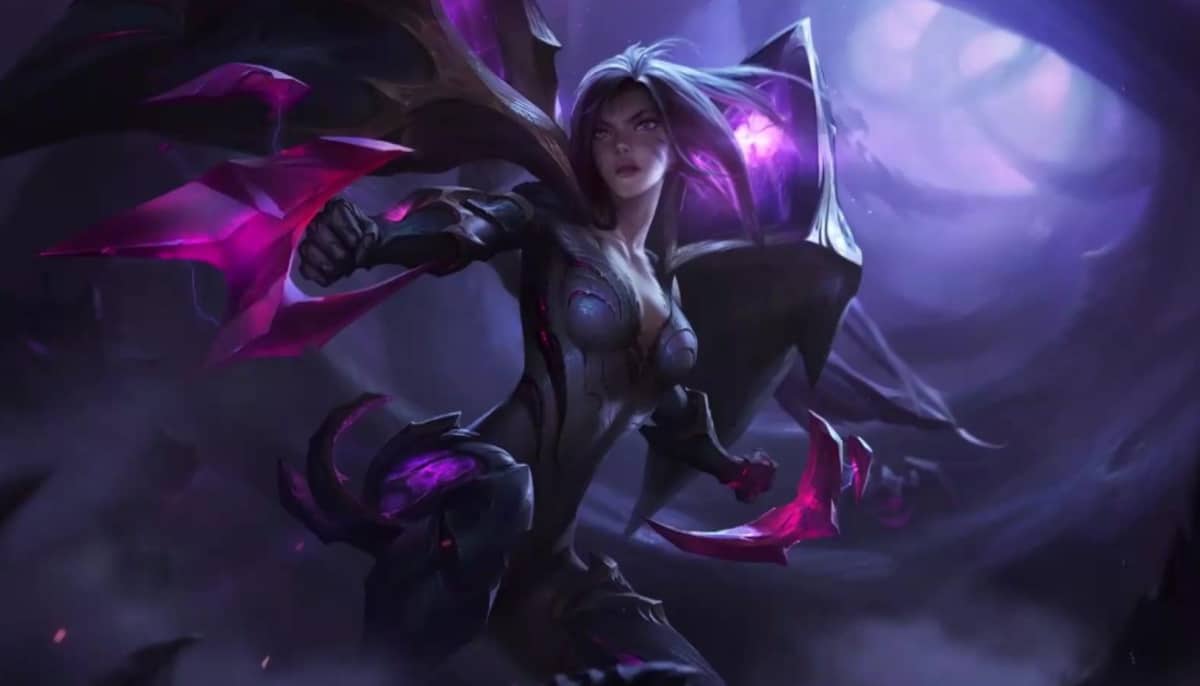 Kai'Sa in dark, futuristic armor with glowing purple accents poses dynamically, surrounded by a misty, mysterious environment