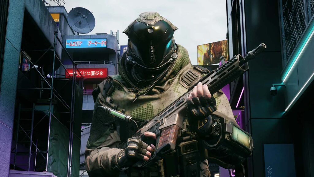 Image of Call of Duty Black Ops 7 character holding an assault rifle. Signs displaying Japanese writing are in the background