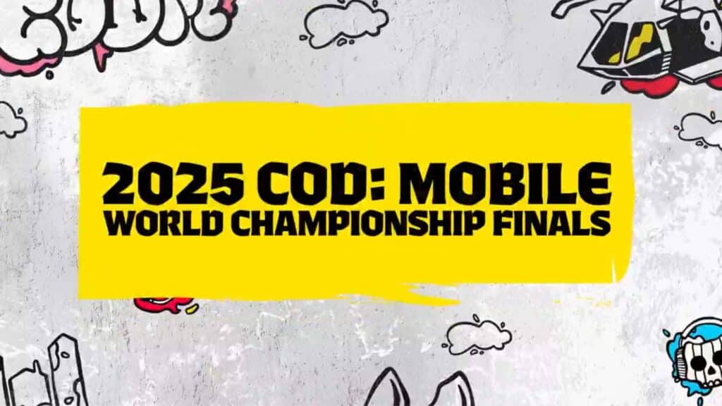 Image of 2025 COD: Mobile World Championship Finals logo on a white background with drawings surrounding the logo