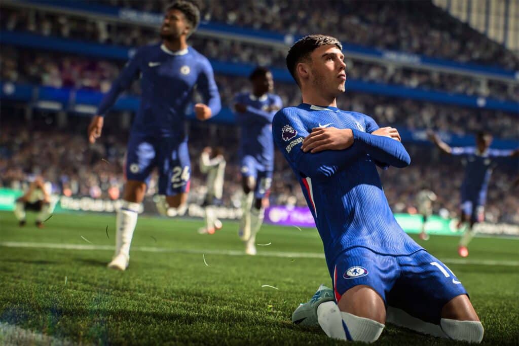Image of Cole Palmer celebrating goal in EA Sports FC 26. Chelsea players celebrating are in the background