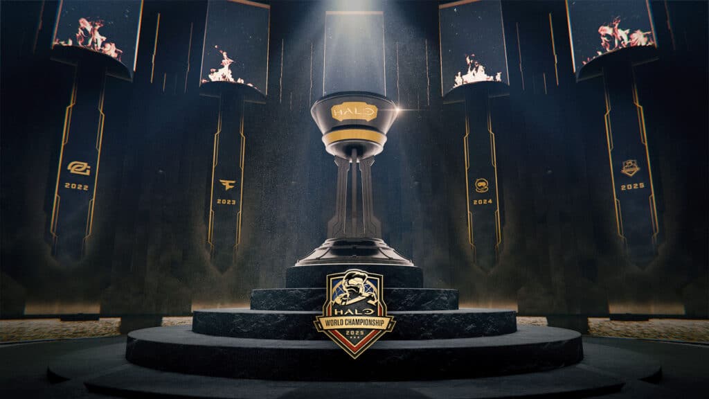Image of Halo World Championship trophy on a platform surrounded by banners of previoius winners