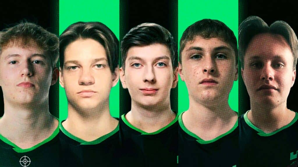 Image of Imperial Esports CS2 academy players wearing jerseys on an alternating green and black background