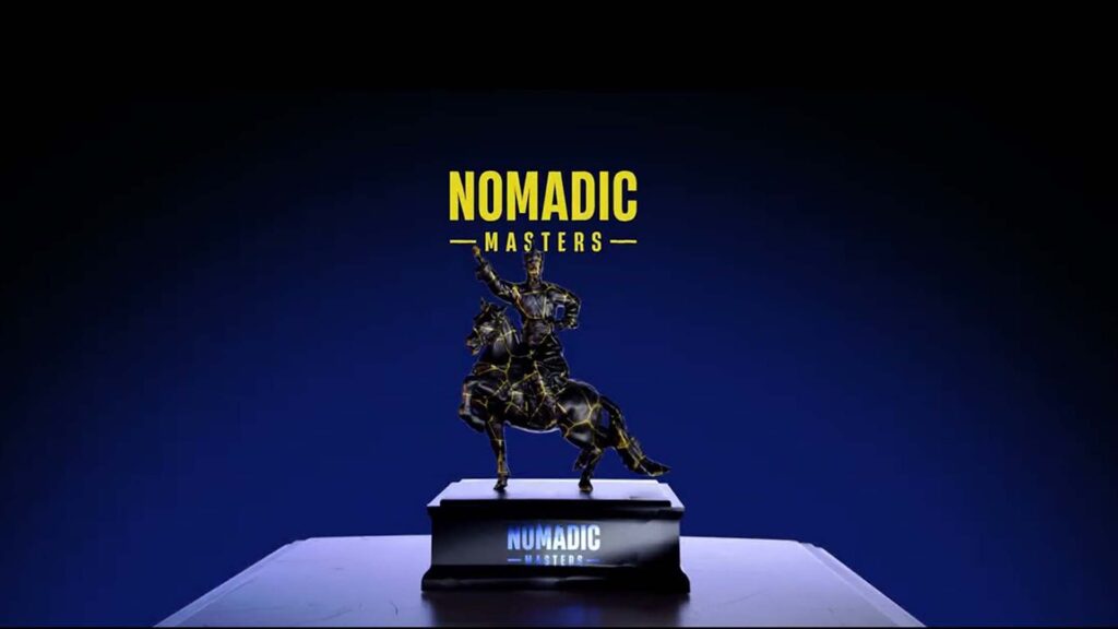 Image of MESA Nomadic Masters Counter-Strike trophy placed on a table and illuminated by light on a dark blue and black background