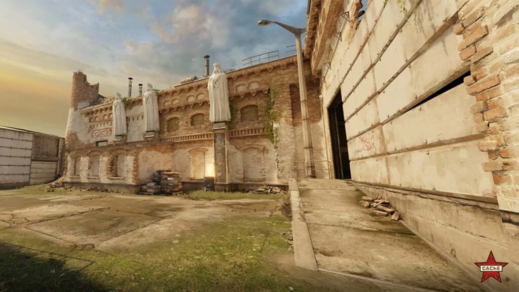 Image showing Mid from CS2 map Cache. Statues are overlooking the ground