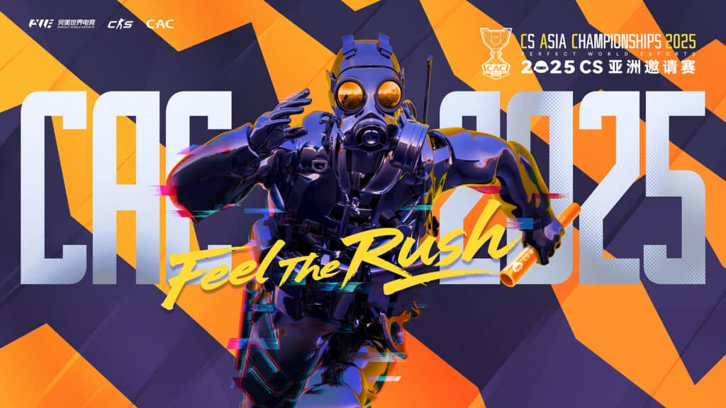Image of chromed Counter-Strike 2 player holding an orange baton running. In the background is silver text on a dark blue and orange background