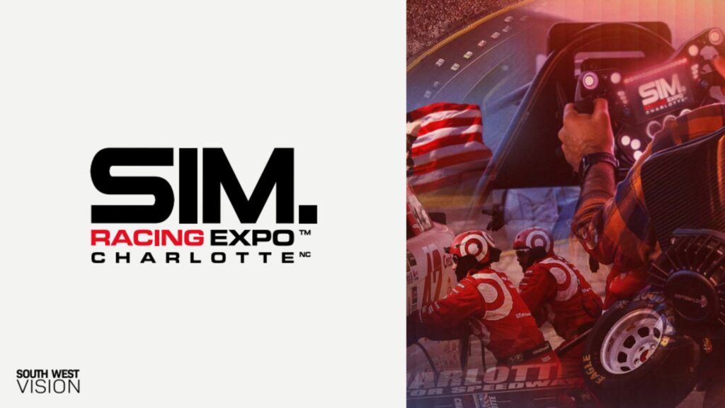 Image of Sim Racing Expo logo on a white background next to collage of motorsport pit crew and sim racing hardware