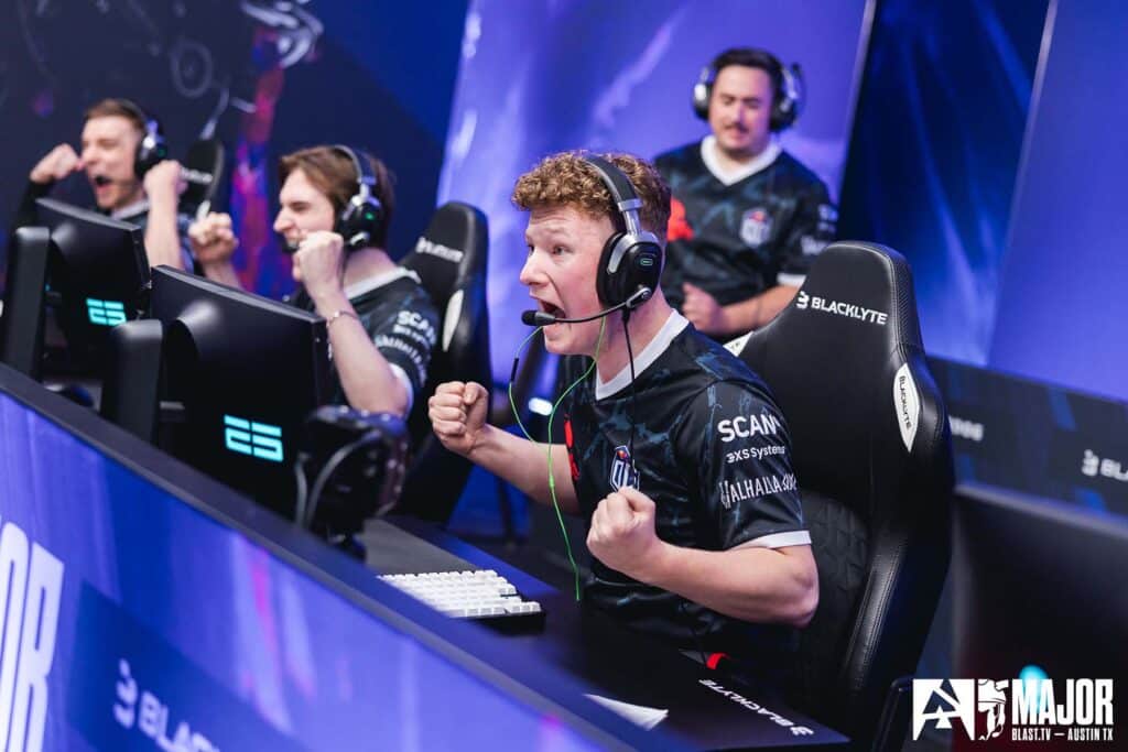 Image of OG Esports Counter-Strike players cheering while competing at BLAST Austin Major