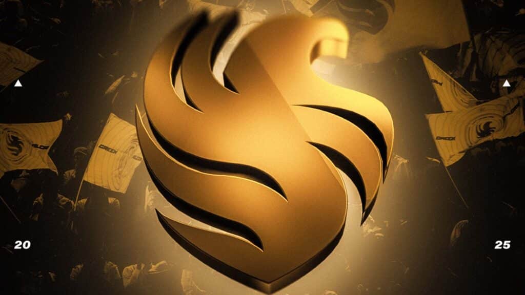 Image of golden Team Falcons logo on a black and gold background