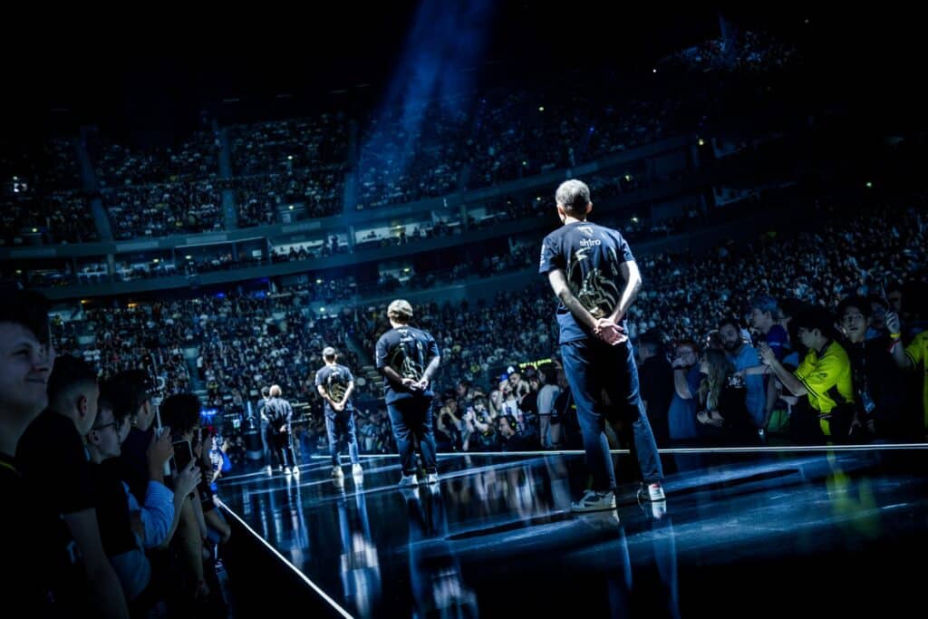 Image of Team Spirit Counter-Strike roster standing on stage at Intel Extreme Masters Cologne 2025