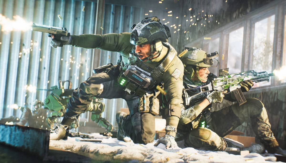 Two soldiers in tactical gear engage in a firefight inside a building. One crouches firing a pistol, while the other aims a rifle. Sparks and tension fill the scene