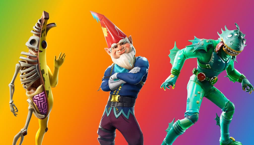 Fortnite skins Peely Bone, Grimbles, and Moisty Merman, often ranked among the worst cosmetics in the game.