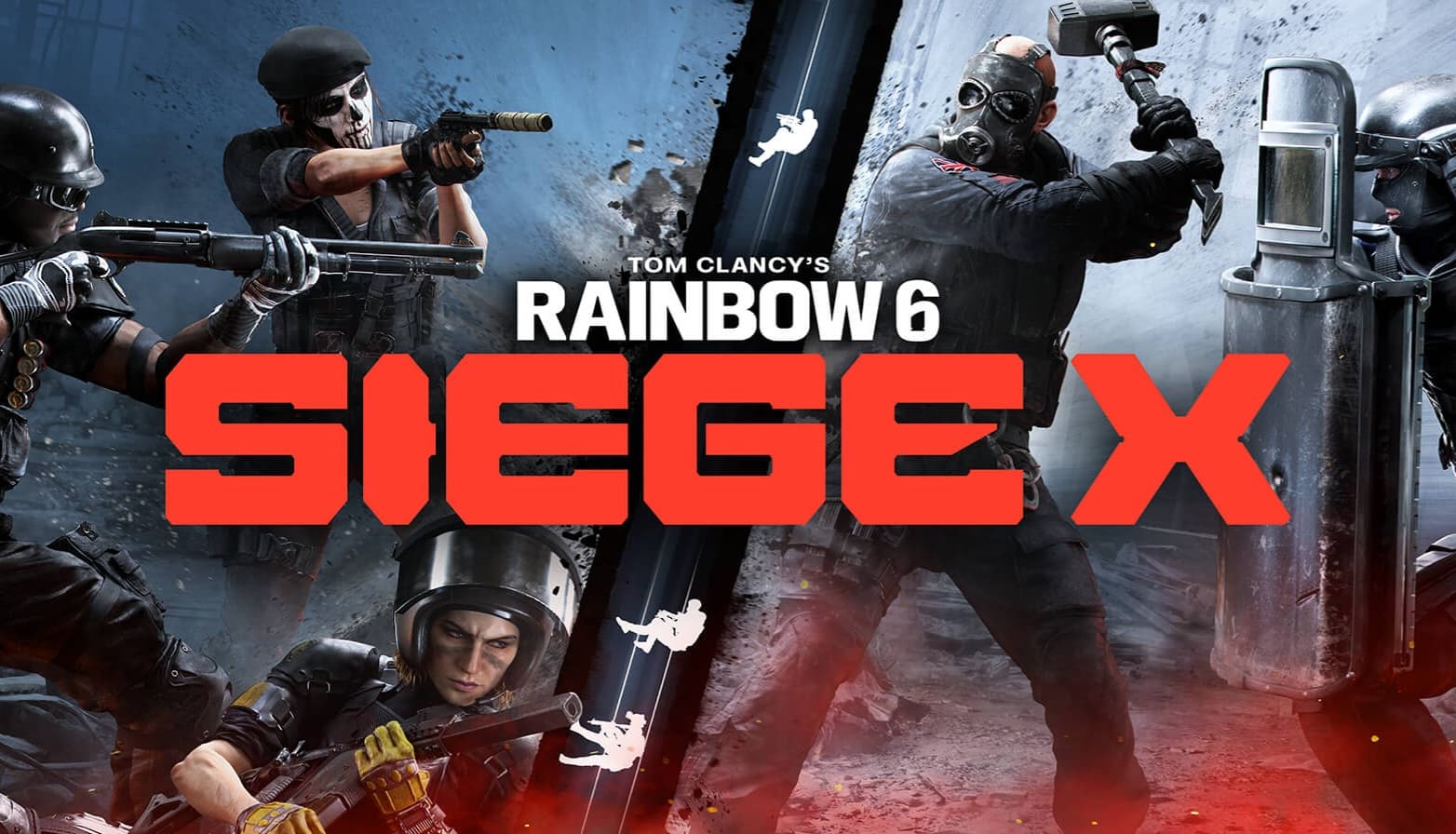 Title screen for "Tom Clancy's Rainbow Six Siege X" featuring armed soldiers in tactical gear