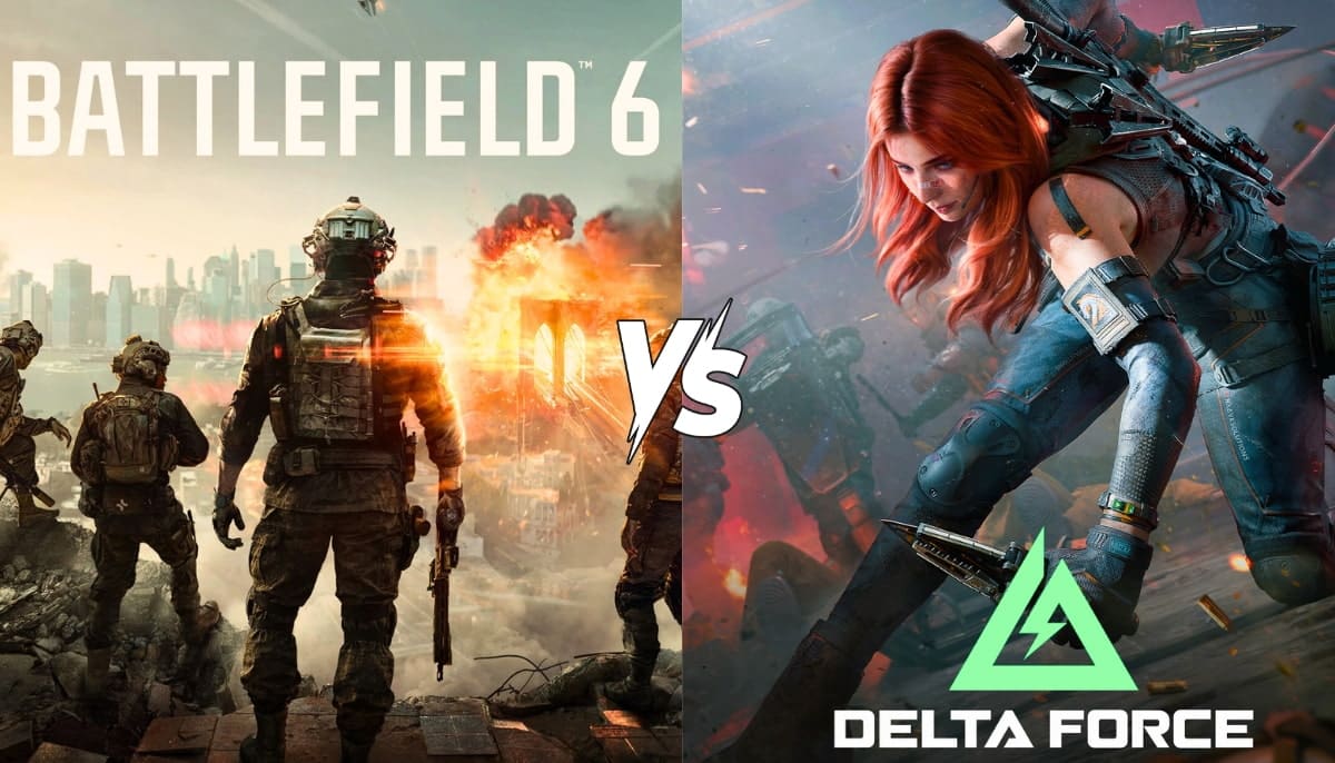 Split image depicts a "Battlefield 6" soldier against an urban warfare backdrop with explosions, and "Delta Force" featuring a red-haired, intense fighter