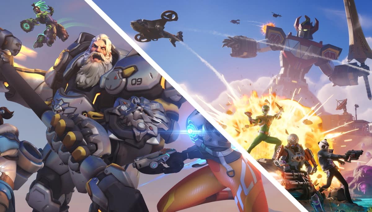 Dynamic scene split diagonally. Left: heroic group in futuristic armor. Right: battle with giant robot, explosions, and action poses under a clear sky