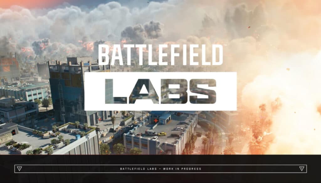 Battlefield Labs work-in-progress screen with city map and explosions