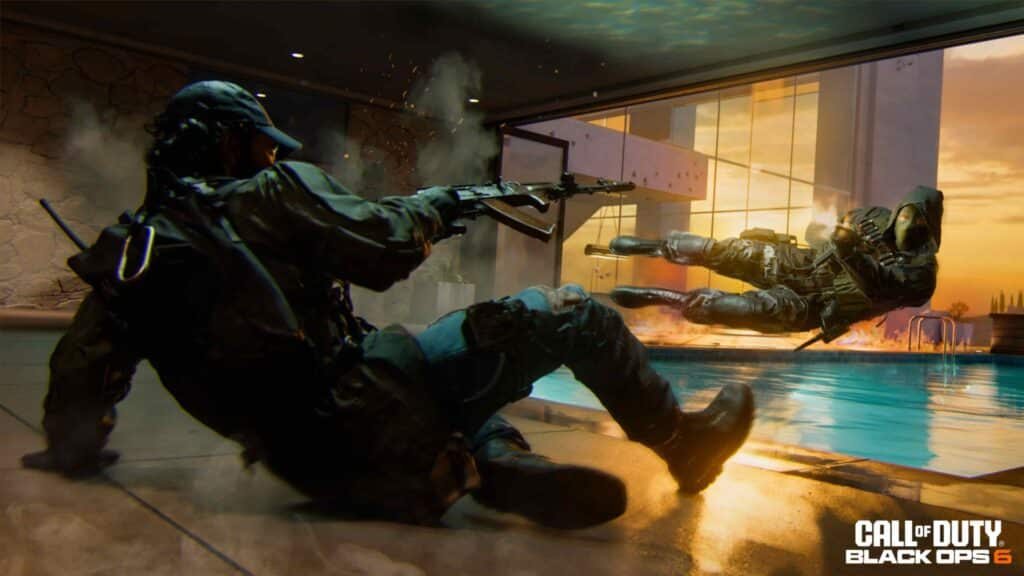 Two soldiers engage in a dramatic shootout by a pool at sunset. One fires an assault rifle, while the other is propelled into the air. “Call of Duty: Black Ops 6” logo in the corner