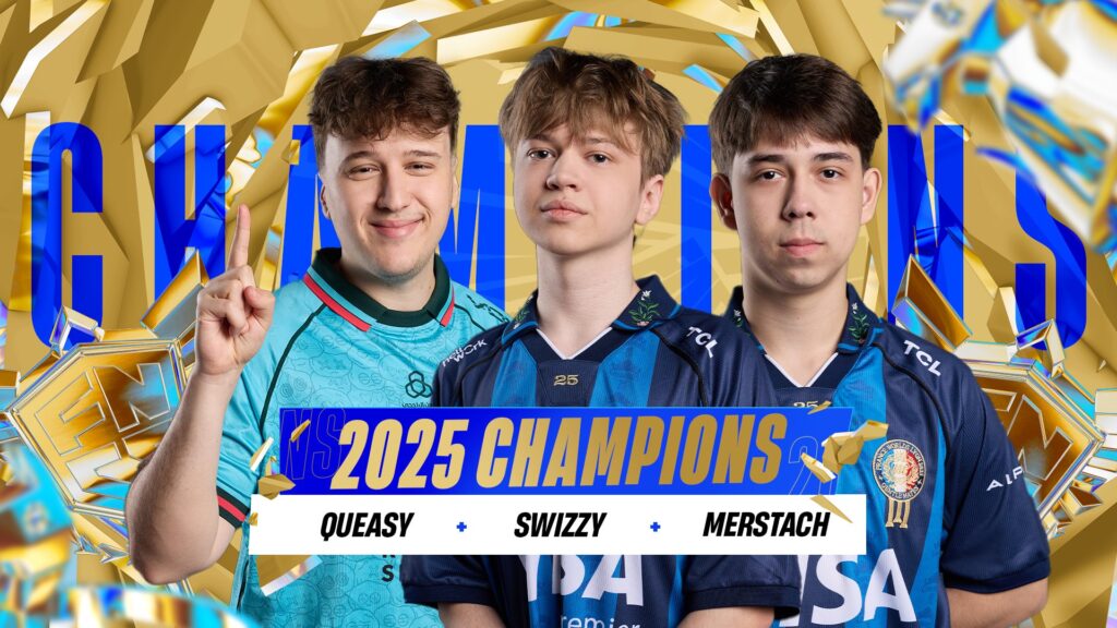 FNCS 2025 Global Championship winners Queasy, SwizzY, and Merstach graphic