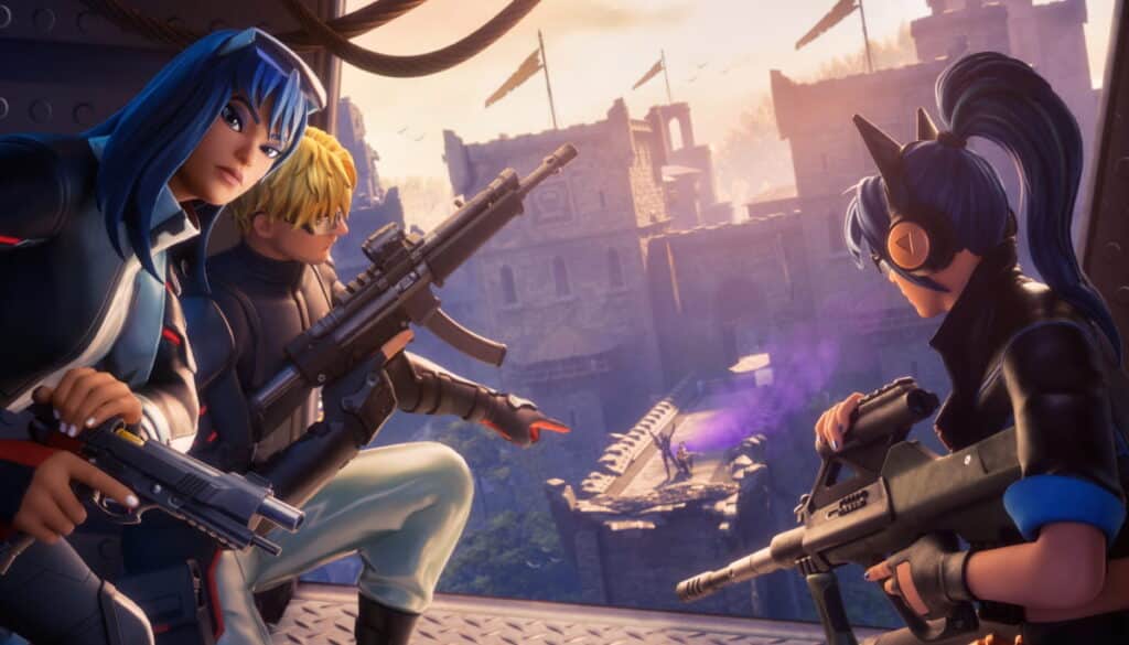 Three Fortnite characters armed with rifles and pistols overlooking a castle battlefield in Ballistic mode