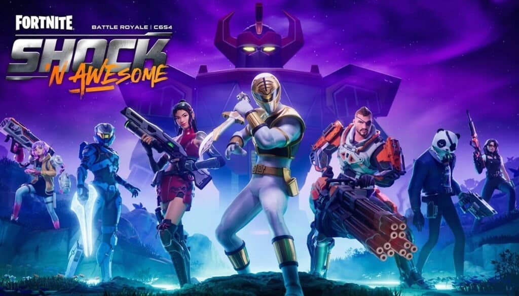 Fortnite Shock ‘N Awesome promo featuring Power Ranger, Halo Spartan, and other crossover characters with a giant robot in the background