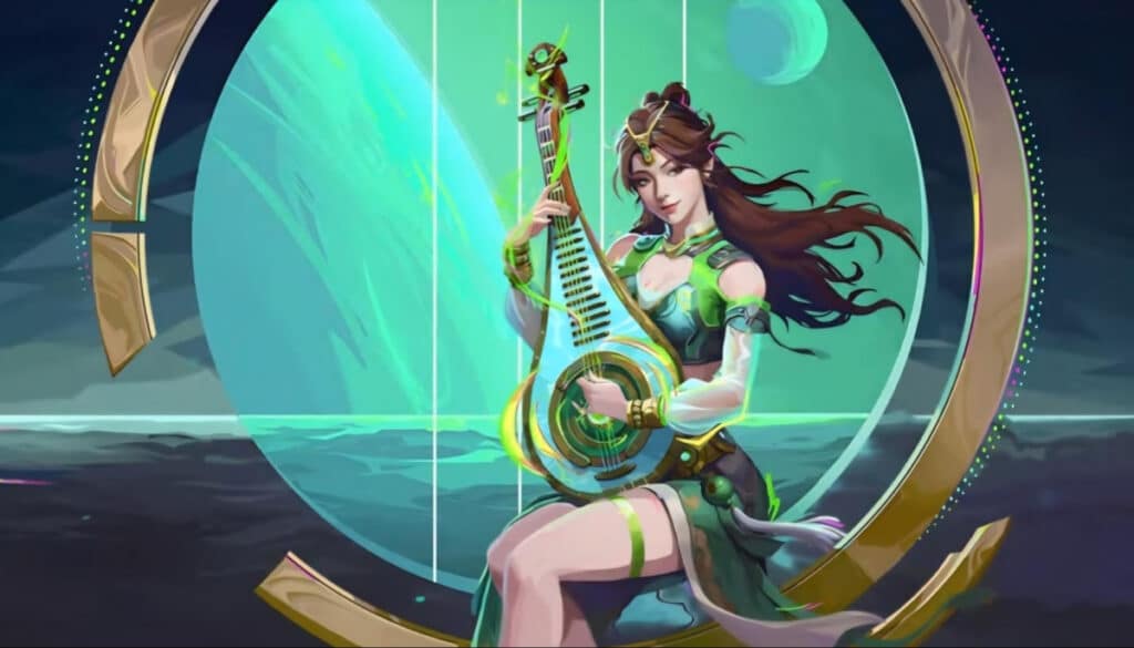 Female character in green outfit playing glowing guitar in FragPunk artwork