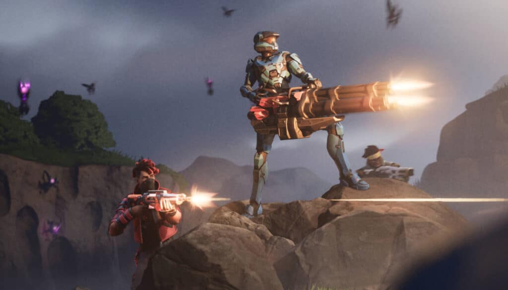Fortnite characters using heavy weapons during a Zero Build battle at night