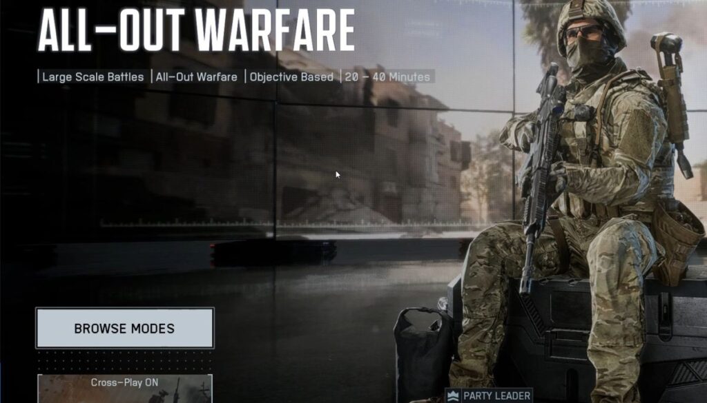 Battlefield 6 game menu showing All-Out Warfare mode with a soldier holding a rifle and the crossplay option turned on.