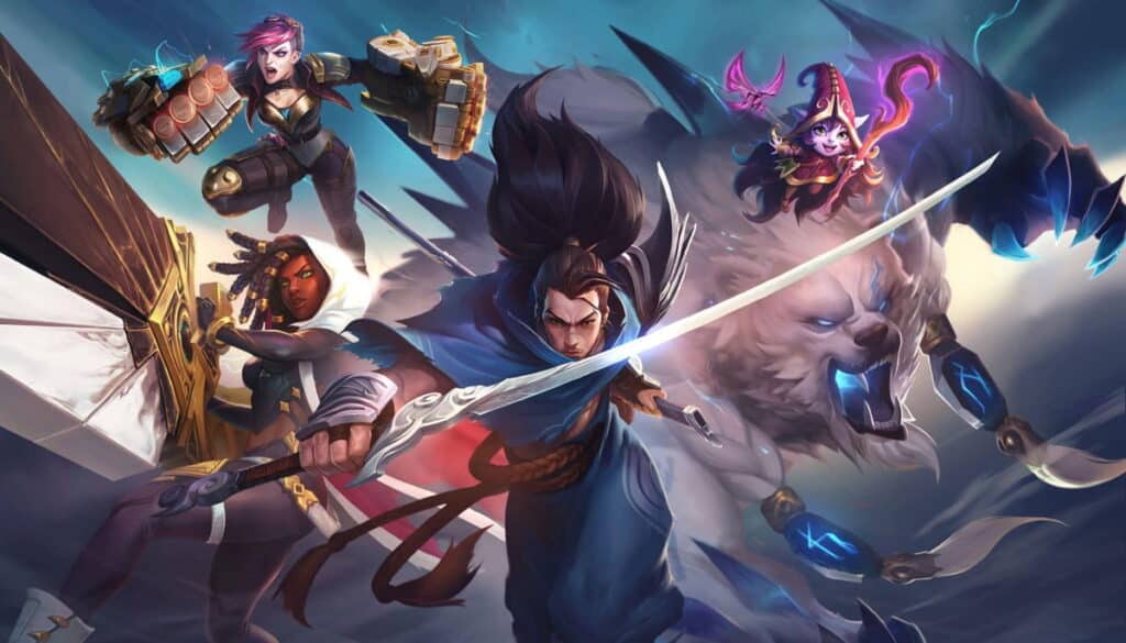 League of Legends champions in battle artwork featuring Yasuo, Vi, Senna, Lulu, and Warwick charging forward in a dynamic team fight scene.