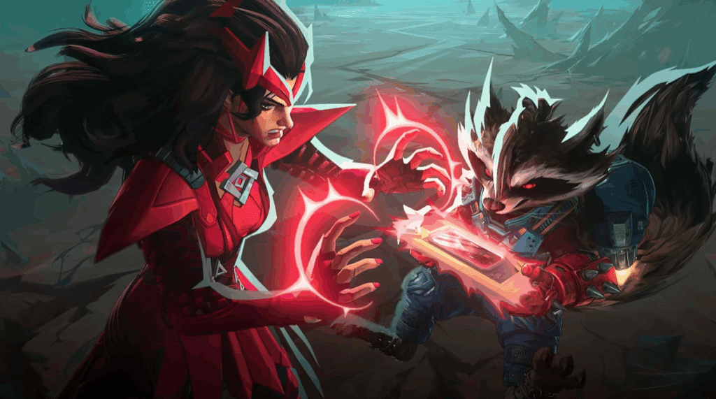Marvel Rivals Season 3 The Abyss Awakens Klyntar Throne of Knull cinematic with Scarlet Witch and Rocket Raccoon