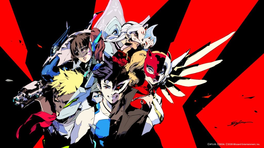 Art for the Overwatch 2 and Persona 5 collaboration event featuring character skins