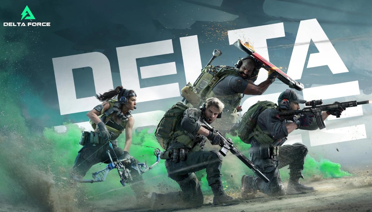 Four action-ready soldiers from Delta Force, with tactical gear and weapons, advance through a smoky battlefield