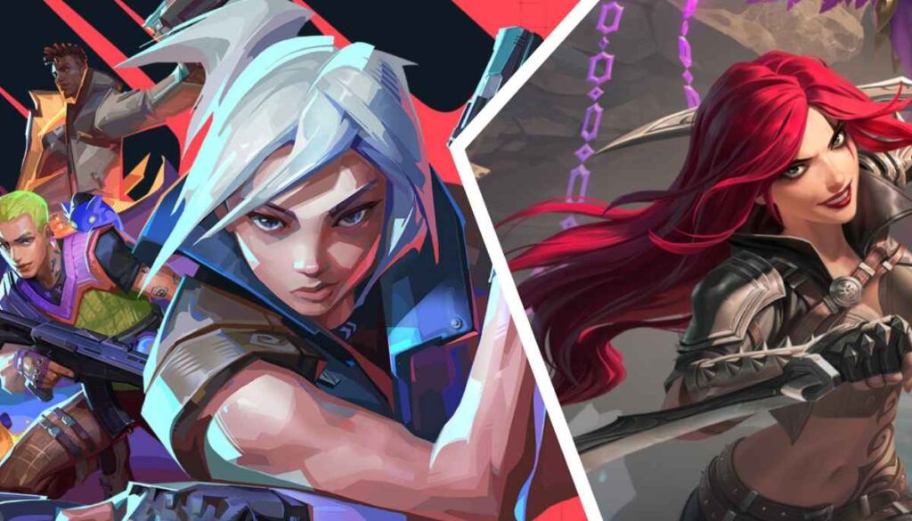 Characters from Riot Games’ Valorant (left) and League of Legends (right) facing off in a split-screen style image.