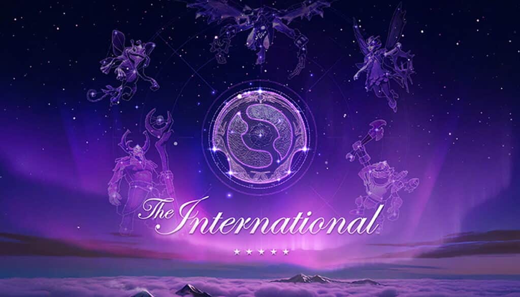 The International Dota 2 championship logo with hero outlines