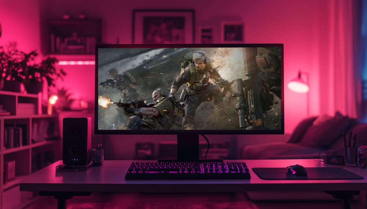 A gaming setup with a glowing pink ambiance shows an intense action in Delta Force on a large monitor