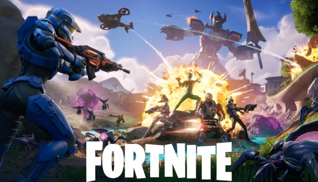 Fortnite battle with Power Rangers and giant mech explosion