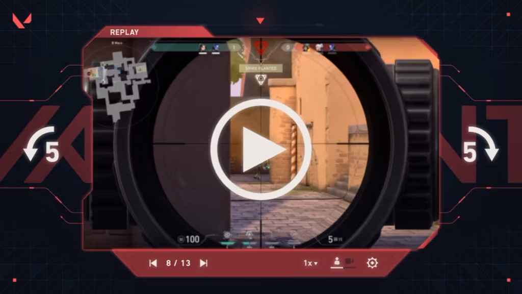VALORANT in-game replay system, including pause, fast forward, skip, and rewind options