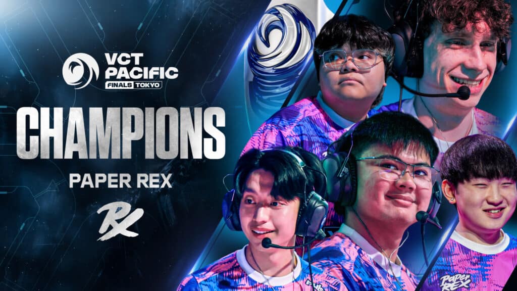 Paper Rex VALORANT roster and VCT Pacific Stage 2 champion announcement graphic