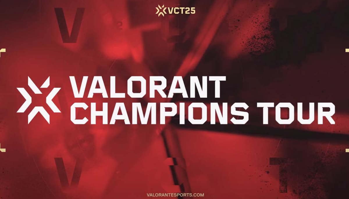 Valorant Champions Tour banner with bold white text on a red background. Abstract patterns and the VCT25 logo enhance the competitive gaming theme