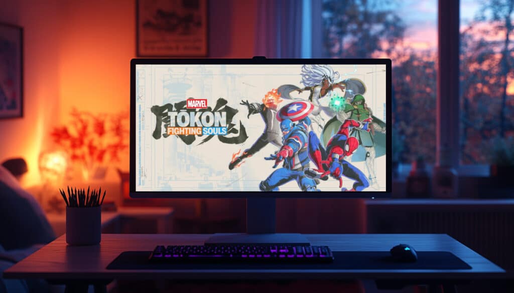 Marvel Tōkon: Fighting Souls logo and characters on a monitor in a cozy gaming setup