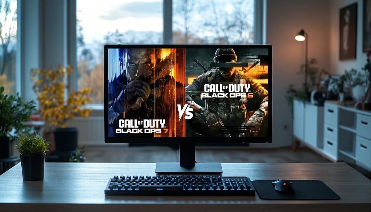 A gaming monitor on a desk displays a "Call of Duty: Black Ops 7 vs. Black Ops 6" comparison
