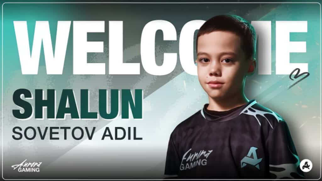 Image of Counter-Strike player ShaLun wearing an Aurora Gaming jersey on a pale blue and white background