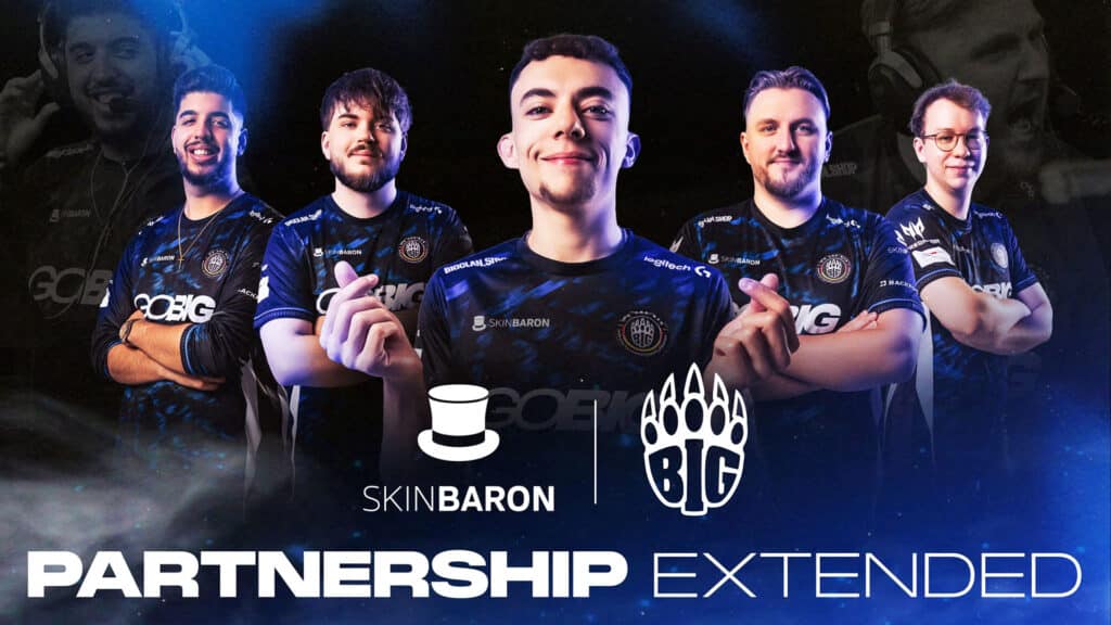 Image of BIG Counter-Strike roster posing while wearing jerseys. White BIG and SkinBaron logos are in the foreground