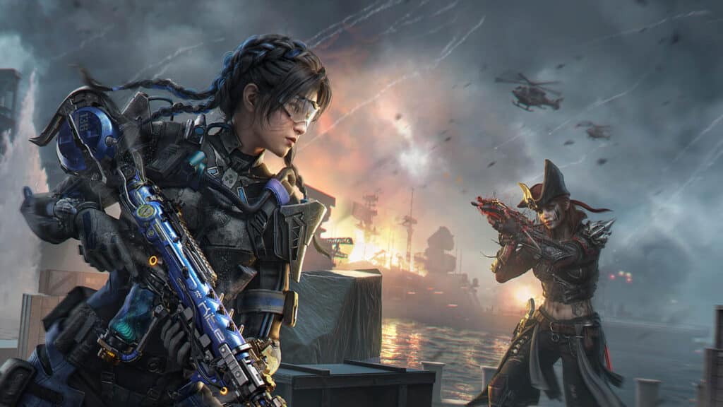 Image of Call of Duty Mobile players holding and aiming guns. Burning buildings are in the background