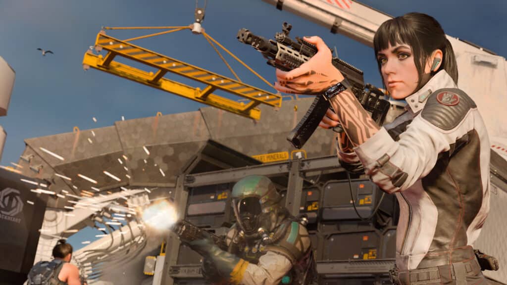 Image of Call of Duty Black Ops 7 player holding a submachine gun. A player in the background is firing a gun