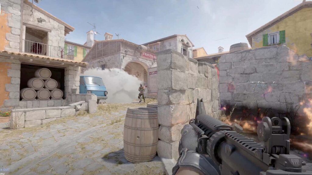 Image of Counter-Strike 2 player aiming M4A4 at an opponent on the Inferno map