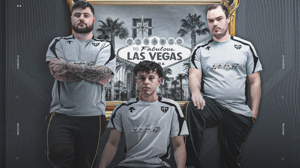 Image of Gen.G Call of Duty Warzone players wearing jerseys in front of a black and white Las Vegas sign