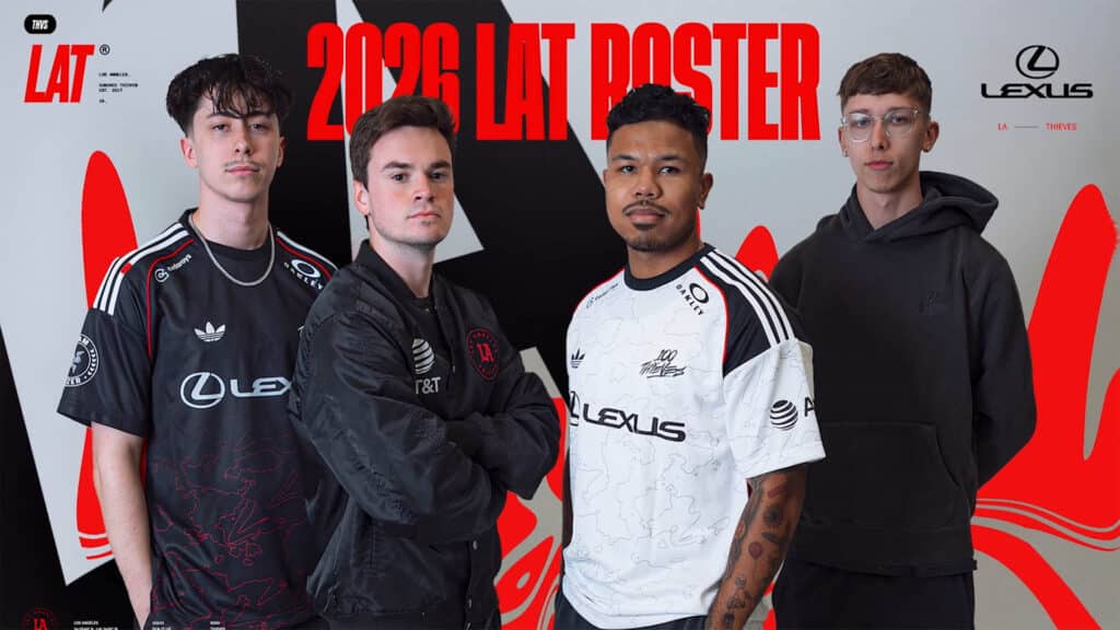 Image of Los Angeles Thieves CDL 2026 roster. HyDra and Kenny are wearing LA Thieves jerseys while aBeZy and Scrap are wearing black hoodies