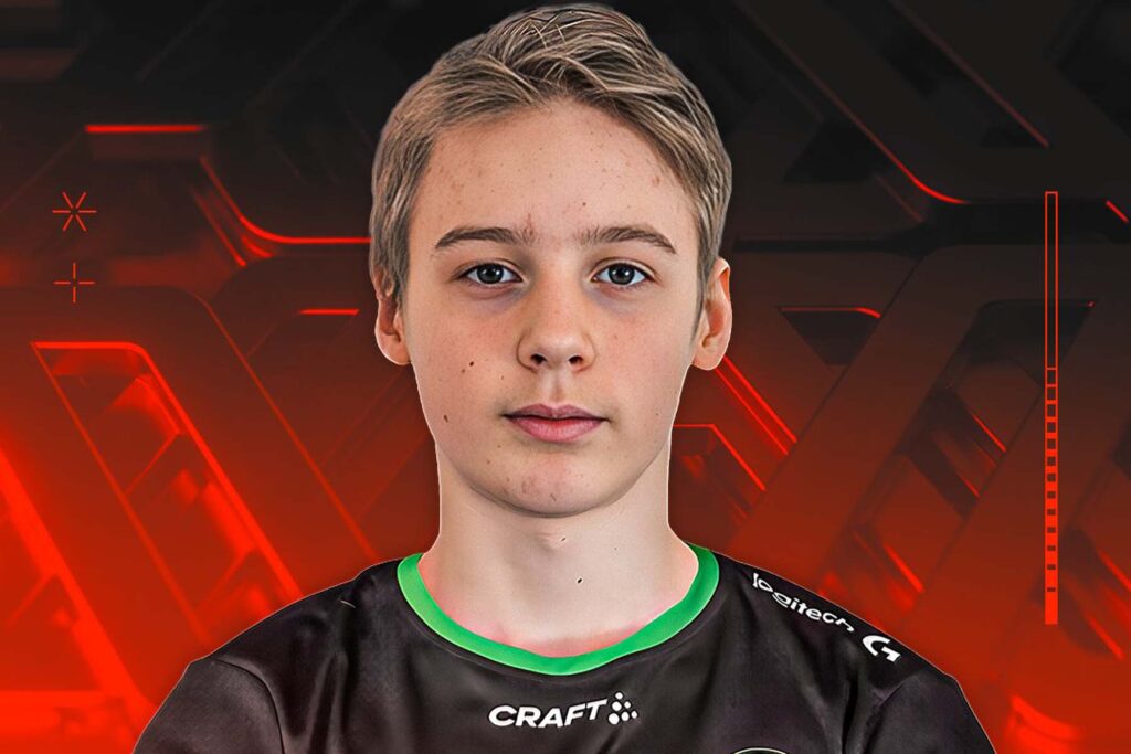 Image of Counter-Strike 2 player Liam "Mail09" Tügel wearing Metizport jersey on a red background