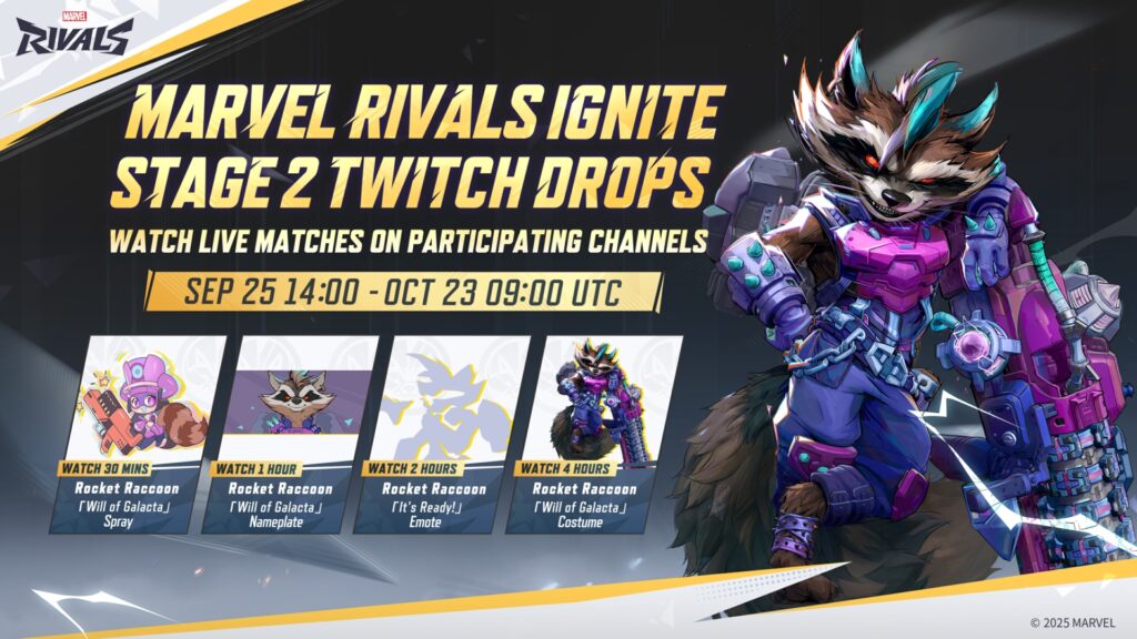 Marvel Rivals ignite Stage 2 Twitch drops cosmetic items featuring Rocket Raccoon